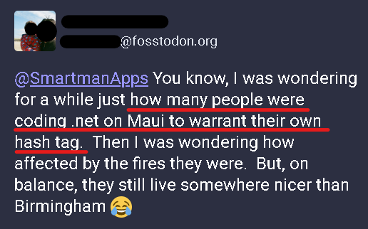 Redacted DM with message saying "You know, | was wondering for a while just how many people were coding .net on Maui to warrant their own hash tag. Then | was wondering how affected by the fires they were. But, on balance, they still live somewhere nicer than Birmingham"