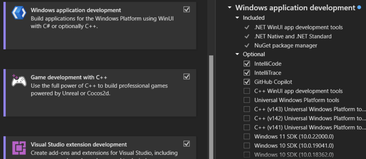 Shows in the install selection page for the Visual Studio IDE. Several options are selected including the new Windows application development.