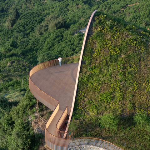 An elevated wooden observation deck with a curved design, nestled into a lush green hillside. A person stands on the platform, gazing out over the dense vegetation, while the structure blends seamlessly with the natural surroundings.